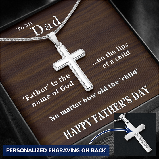 Father's Day Gift From Daughter/Son-Personalized Engraving-Lips of a Child-Wood Look-Christian Cross Necklace